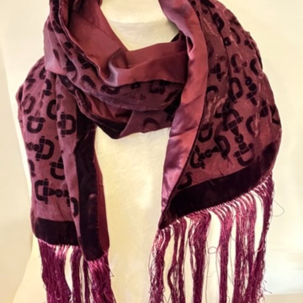 GUCCI  Velvet Scarf Fringe Silk Satin Fringe Burgundy Horsebit Logo 10" x 70"